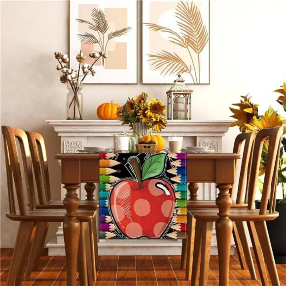 Back to School Table Runner 13x72 Apple Pencil Classroom First Day Party Table D